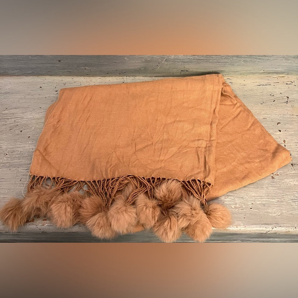 Soft Tan Faux Fur Pom Pom Wrap Scarf Made in Scotland 70x27 Like New